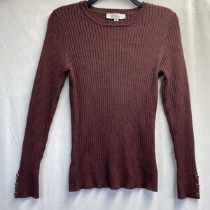 Madison Grey Long Sleeve Button Accents Crewneck Sweater Women Sz PM Brown Used